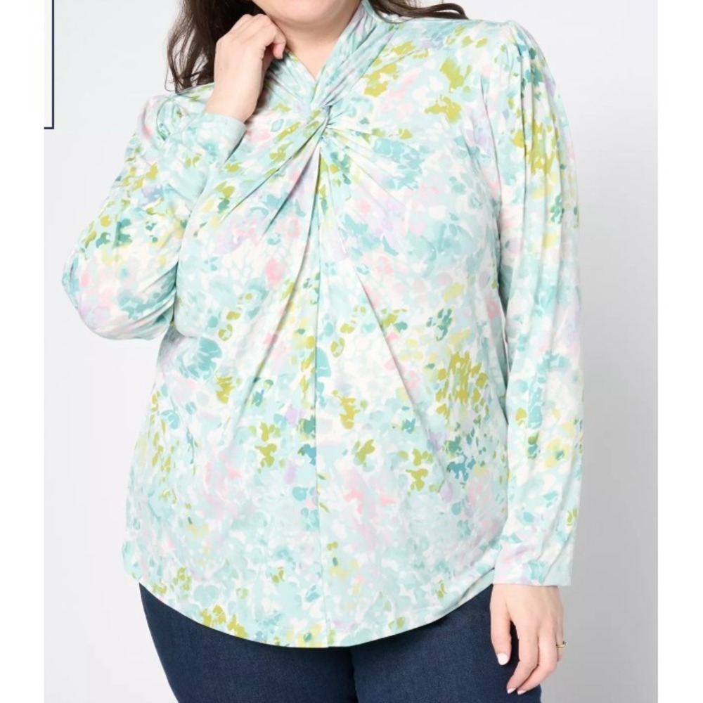 Susan Graver Liquid Knit Top 1X Multi Floral Twist Neck Long Sleeve Blouse